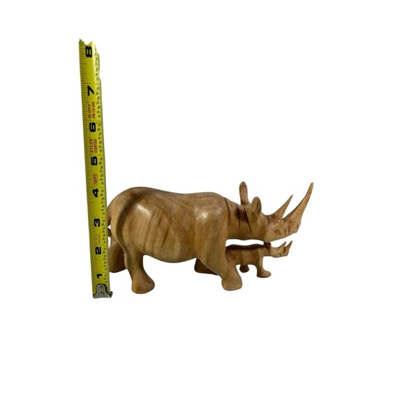 VTG Hand Carved Solid Wood African Rhinoceros & Baby Figurine Sculpture 4”x7.5" - Picture 4 of 12